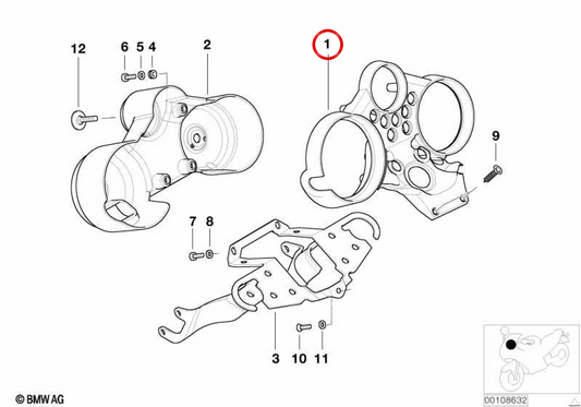 Supporto per strumenti OEM 62112306969 per BMW Motorrad R 1150 R (RR28) e R 850 R (RR28). BMW MOTORAD originale.