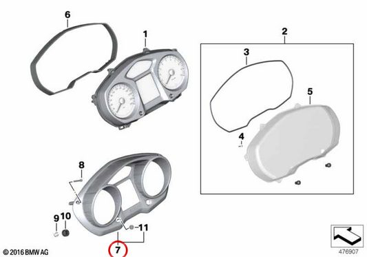 Cornice combinata strumenti OEM 62117717767 per motociclette BMW K1200GT, K1300GT. BMW Motorrad originale.