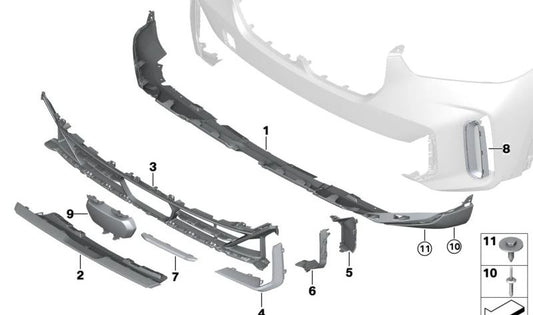 Rejilla de entrada de aire central OEM 51115A1A2E0 para BMW X5 G05 (xDrive30d, xDrive40i, xDrive50e, 40d) desde 2023 a 2026. Pieza original BMW.