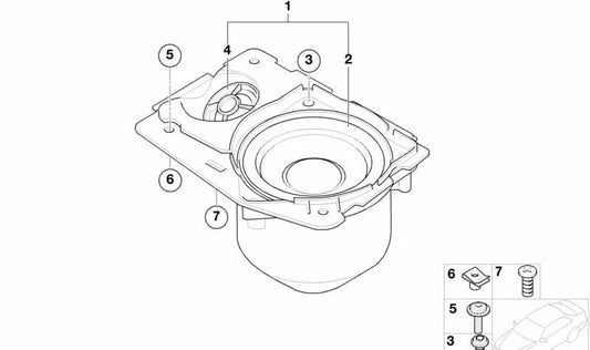 Altavoz izquierdo HiFi OEM 65139146977 para BMW E65 y E66. Compatible con modelos 730d, 730i, 735i de los años 2001 a 2008. Repuesto original BMW.