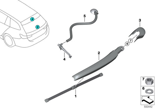 Brazo limpiaparabrisas trasero OEM 61627468053 para BMW G21, G21N, G81, G81N. Pieza original BMW.