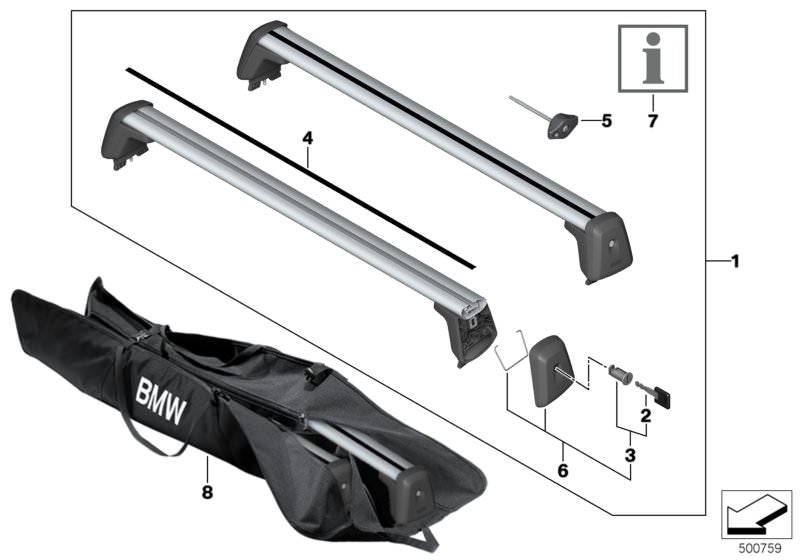 OEM 82712457809 Barras de teto do suporte para BMW F40 e F70. Compatível com baús e acessórios BMW originais. Instalação fácil com chave anti -theft. BMW original.