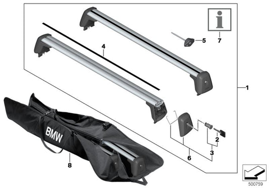 Barras de techo portaequipajes OEM 82712457809 para BMW F40 y F70. Compatibles con cofres y accesorios originales BMW. Instalación fácil con llave antirrobo. Original BMW.