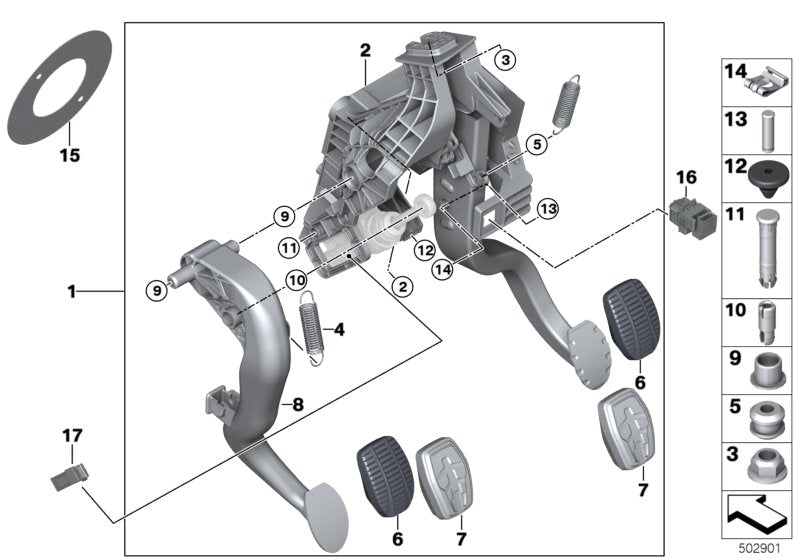 Pedal de freno/acelerador con inserción de acero inoxidable OEM 35216888759 para BMW F40 y F44. Compatible con versiones manuales y automáticas. Original BMW.