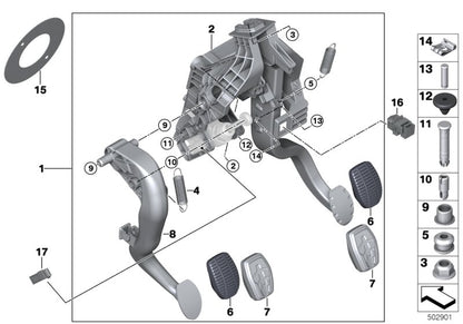 Pedal de freno/acelerador con inserción de acero inoxidable OEM 35216888759 para BMW F40 y F44. Compatible con versiones manuales y automáticas. Original BMW.