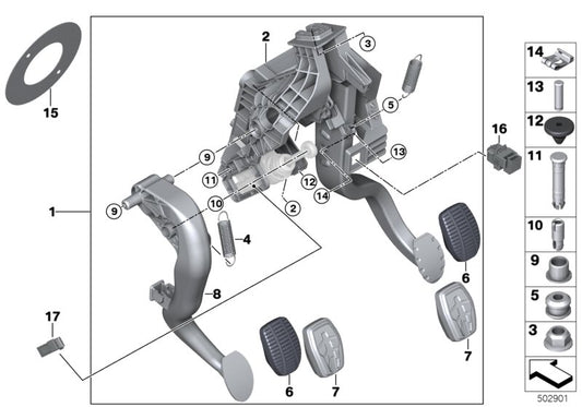 Pedal de freno/acelerador con inserción de acero inoxidable OEM 35216888759 para BMW F40 y F44. Compatible con versiones manuales y automáticas. Original BMW.
