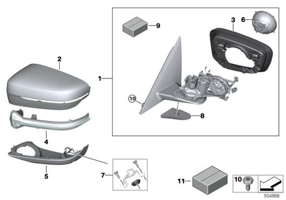 Carcasa inferior derecha retrovisor OEM 51167452324 para BMW Serie 5 G30 (modelos 518d, 520d) con distintos motores y transmisiones. Válido para vehículos fabricados entre 2016 y 2023. Pieza original BMW.