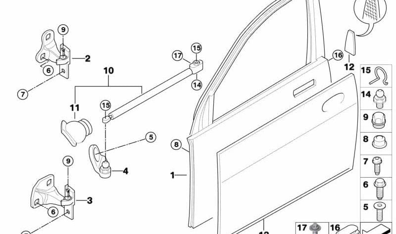 Tope de puerta delantera derecha OEM 51217112444 para BMW E65 y E66. Evita que la puerta se cierre sola o se abra demasiado. Original BMW.