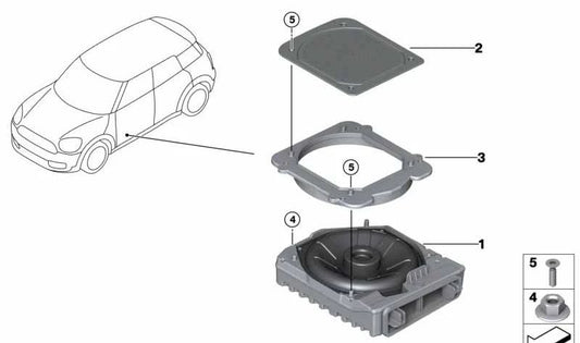 Right center subwoofer for BMW F45, F46, F48, F49, F39, MINI F54, F55, F56, F57, F60 (OEM 65139256350). Genuine BMW