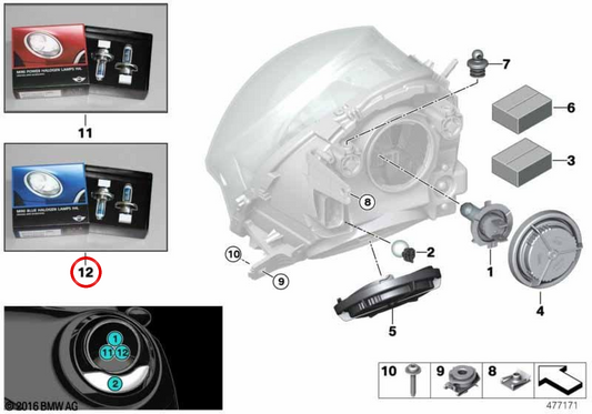 Lampes halogènes avant bleues OEM 63112413044 pour MINI F56, F55, Clubman F54, Cabrio F57... et plus encore. MINI d'origine.