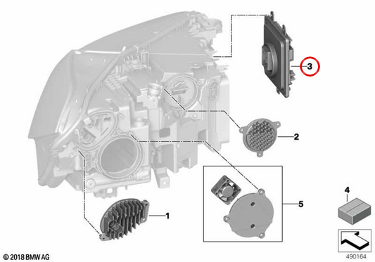 Module de commande de lumière avant 63115a0af90 pour BMW F40, F44, G42, G87, G20, G21, G80, G81, G22, G23, G26, G82, G83, G30, G31, G38, G01, F97, G05, G18, G18, G18, G29. BMW d'origine.