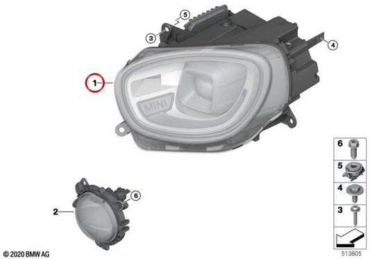 Farol dianteiro esquerdo LED AHL preto OEM 63115A3BD75 para MINI Countryman F60 LCI. Original MINI.