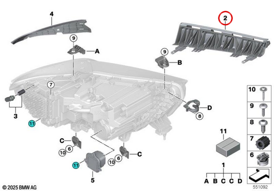 Soporte de faro delantero izquierdo OEM 63115A78395 para BMW X5 G05 LCI, X5L G18 LCI, X5 M F95 LCI, X6 G06 LCI, X6 M F96 LCI. Original BMW.
