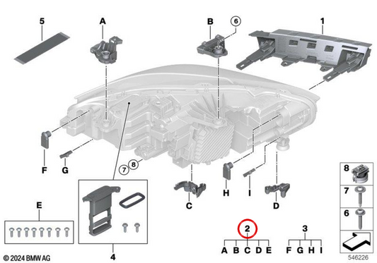 Reparatursatz linker Frontscheinwerfer OEM 63115A9D105 für BMW 1er F70, 2er Gran Coupé F74 und F78. Original BMW
