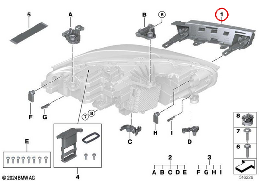 OEM-Halterung für linken Frontscheinwerfer 63115A9D107 für BMW 1er F70, 2er Gran Coupé F74 und F78. Original BMW