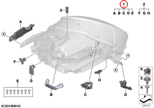 Kit de reparação do farol dianteiro esquerdo OEM 63115B323F9 para MINI F65, F66, F67 Cabrio Cooper C, Cooper S… e mais. Original MINI.