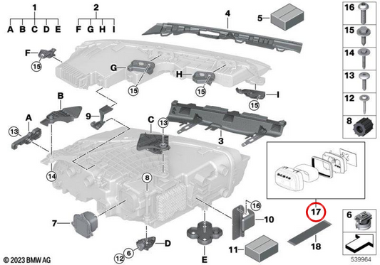 Set gioco cassa di asciugatura faro OEM 63115B336E8 per BMW Serie 7 G70, G73, X7 G07 LCI, XM G09… e altro. Originale BMW.