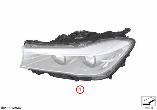 Rechte vordere LED -Scheinwerfer 63117408718 für BMW G11, G12. Original BMW.