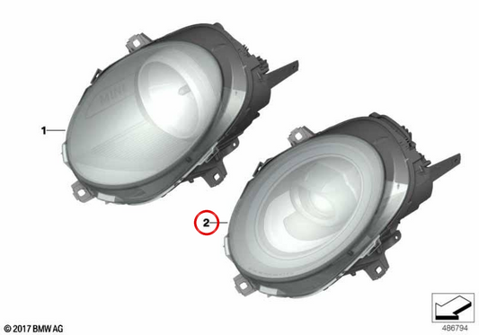 Adaptiver LED-AHL-Fernscheinwerfer links für Rechtslenker OEM 63118737601 für MINI F55, F56, F56 BEV, F57 und F54 LCI. Original MINI.
