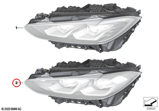 Right front Laserlight headlight RHD OEM 63119851044 for BMW G80 M3, G81 M3 Touring, G22 4 Series Coupé, G23 Cabrio, G26/i4, G82 M4, G83 M4… and more. Genuine BMW.