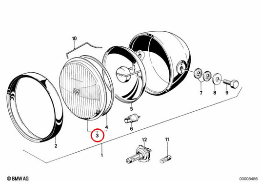 Conjunto de peças de montagem de vidro difusor OEM 63121243541 para motocicletas BMW R 80 ST, R 45, R 65LS, R 1100 R, R 850 R. Original BMW Motorrad.
