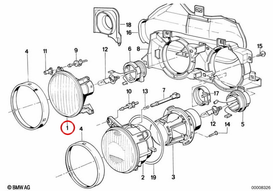 Faro largo izquierdo OEM 63121385461 para BMW E24. Original BMW.