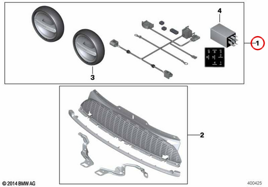 Black additional LED headlight retrofit kit OEM 63122287148 for MINI F56, F55, F54, R56, R60, R61... and more. Original MINI.