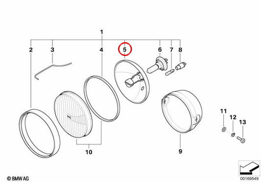 Reflector delantero OEM 63122306902 para motos BMW R850R, R1150R, R850C, R1200C... y más. Original BMW Motorrad.