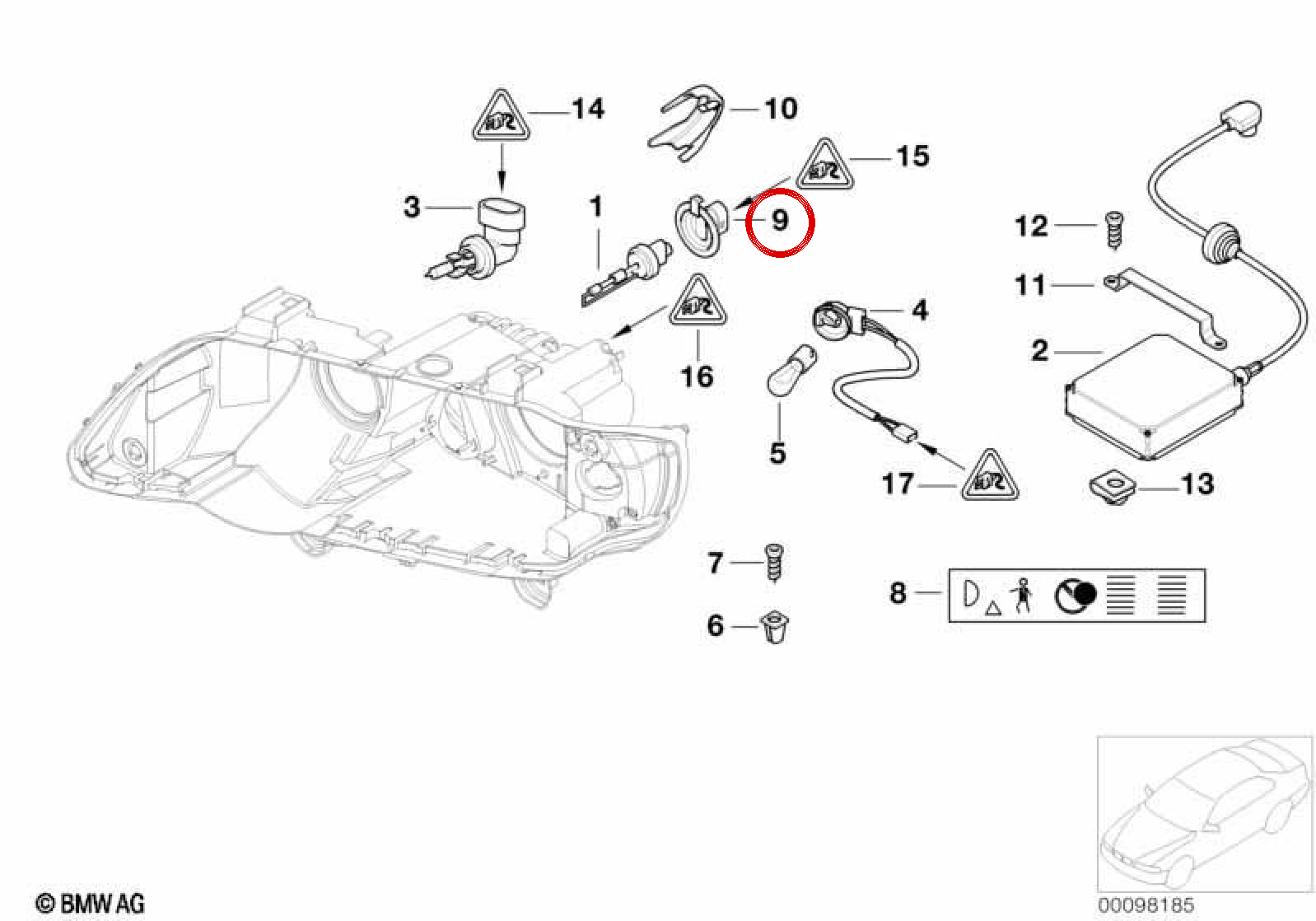 Supporto per lampada OEM Xenon 63126906781 per BMW E39, E53. BMW originale.