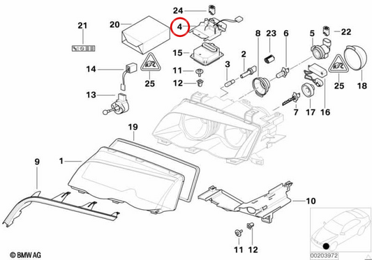 Suporte do módulo de controlo da luz Xenon esquerdo OEM 63126920165 para BMW Série 3 E46 Coupé, Cabrio e Compact. Original BMW.