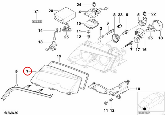 Copertura sinistra del Lighthouse OEM 63126924043 per BMW E46. BMW originale.