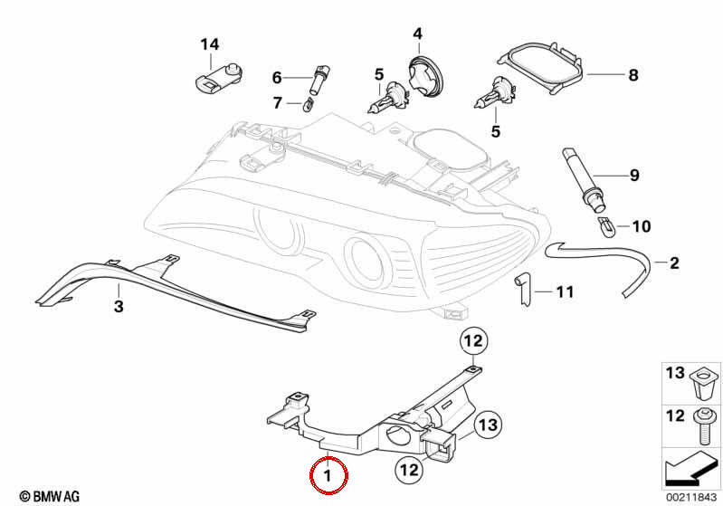 Left headlight bracket for BMW E46 (OEM 63126934747). Original BMW.