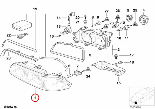 Cubierta izquierda del faro OEM 63128361555 para BMW E39. Original BMW.