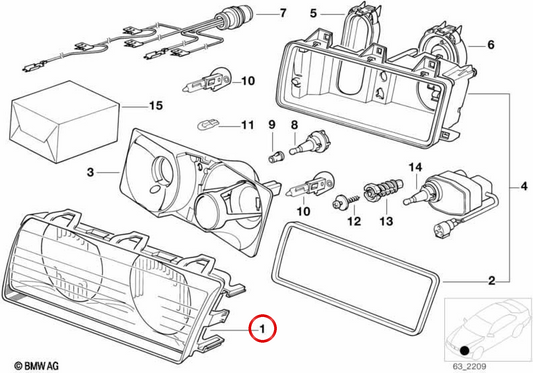 Vidro do farol direito OEM 63128363506 para BMW E36. BMW genuíno.