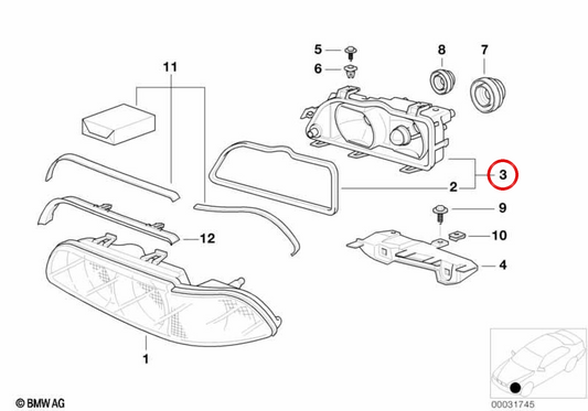 Lighthouse -Gehäuse mit rechts Einsatz OEM 63128378002 für BMW E39. Original BMW.