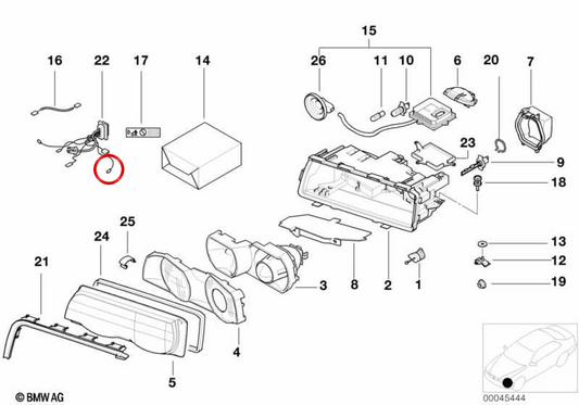Suporte de lente do farol direito OEM 63128381456 para BMW E38. BMW genuíno.