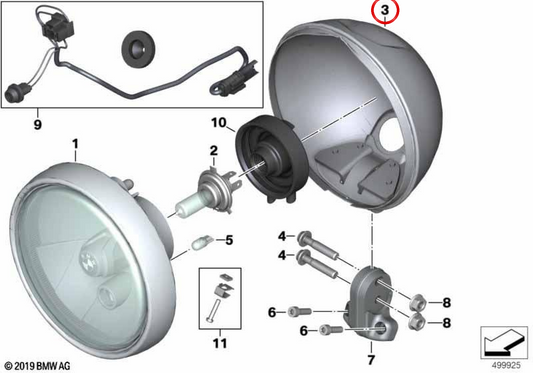 Carcaça do farol monolítico OEM 63128557183 para BMW Motorrad R nineT Scrambler (K23) 2016-2020. Originais BMW Motorrad.