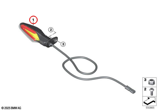 LED intermittent OEM 63131539689 for BMW Motorrad {C400gt, C400X, F750Gs, F850gs, F900R, F900XR, G310R, G310GS, R1250gs, R1250R, R1250RS, R1250RT, S1000R, S1000RR, S1000XR}. Original BMW Motorrad.