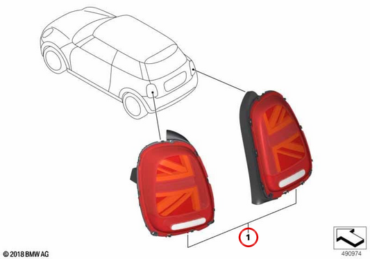 Pilots arrière LED Jack OEM 63132462095 pour Mini F55, F56, F57 (modèles jusqu'à 03/2018). Style de drapeau du Royaume-Uni. Nécessite une programmation après l'assemblage. Mini d'origine.