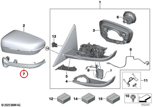 Zusätzlicher linker Spiegel OEM 63137498161 für BMW G42, G87, G20, G21, G28, G80, G81, G22, G23, G26, G82, G83. Original BMW.