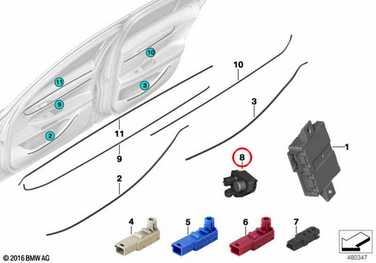 Módulo de iluminación alfombra de luz derecha OEM 63147370180 para BMW G38, G32, G11, G12. Original BMW.