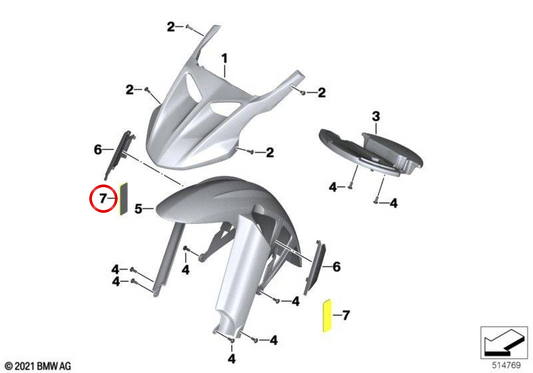 Yellow lateral catadioptric reflector OEM 63148525513 for BMW motorcycles F 650 GS, F 800 GS, F 800 GS Adventure. Original BMW Motorrad.