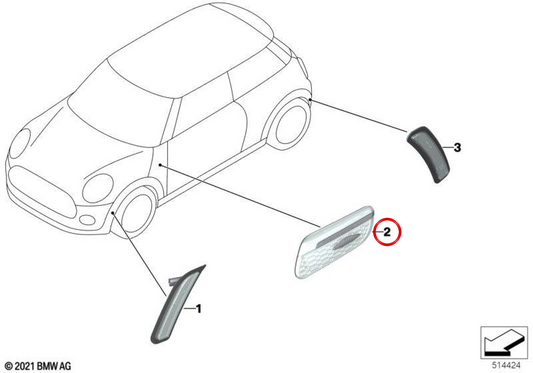 Rechts zusätzlicher Fahrtrichtungsanzeiger OEM 63175A8C152 für MINI Cooper SE F57 BEV. Originaler MINI.