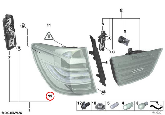 Lanterna traseira LED esquerda sem porta-lâmpada OEM 63215B529C5 para BMW F25. BMW genuíno.