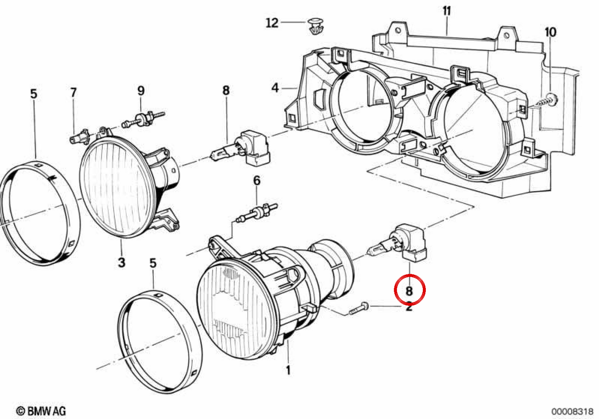 Crossing Light / Antiiebla pour BMW E30, E36, E46, E90, E91, E34, E39, E60, E61, E24, E63, E64, E32, E65, E66, E31 (OEM 63217160786). BMW d'origine.