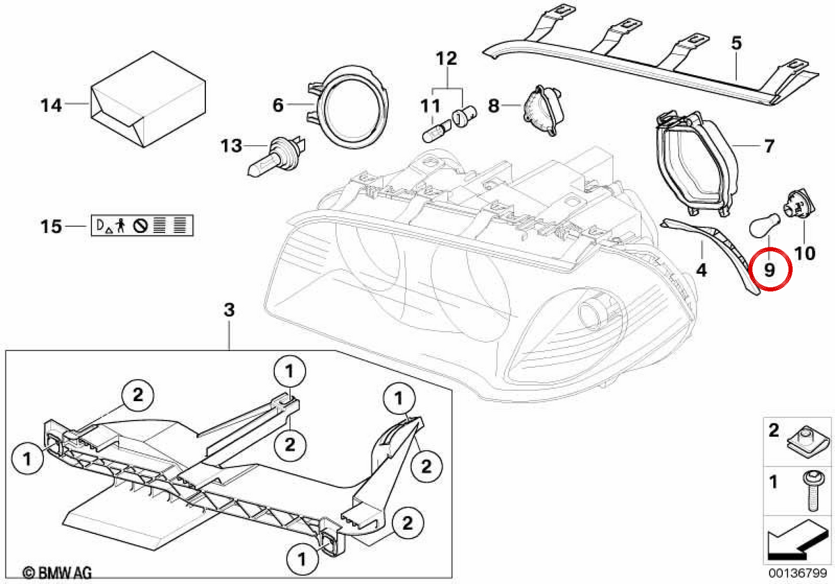 Sacca d'argento OEM 63217161306 per BMW E90, E92, E93, F34, E83, G01, G08, G02, F98, E70, E71, E72, E89. BMW originale.