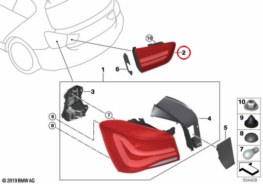 Luz traseira na tampa esquerda do porta-malas OEM 63217359019 para BMW F20, F21. BMW genuíno.