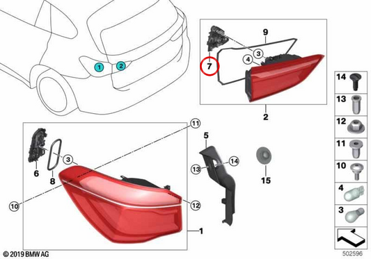 Rücklichtlampenhalter Kofferraumdeckel OEM 63217438434 für BMW X1 F48 (2014-2019), X1 F48 LCI (2018-2022). Original BMW.