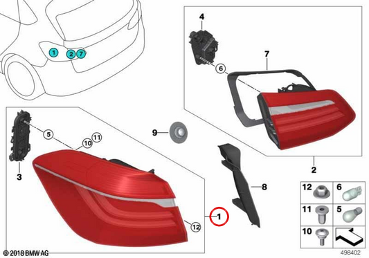 Luz traseira esquerda (na barbatana) OEM 63217461473 para BMW F45. BMW genuíno.