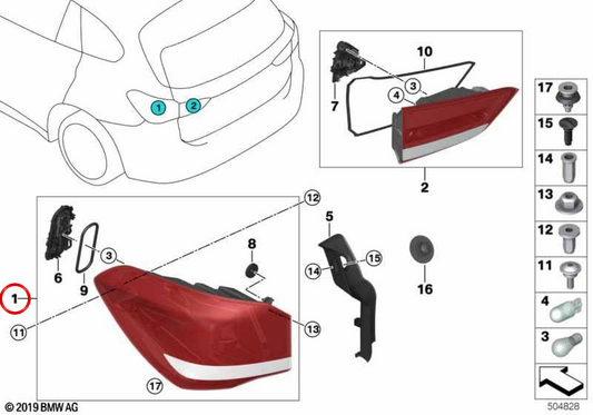 Feu arrière LED droit dans l'aile OEM 63217477714 pour BMW X1 F48 LCI. Original BMW